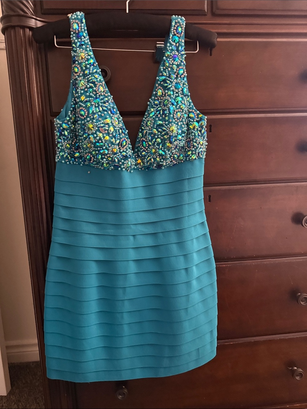 Sherri Hill Teal Beaded V-Neck Mini Dress